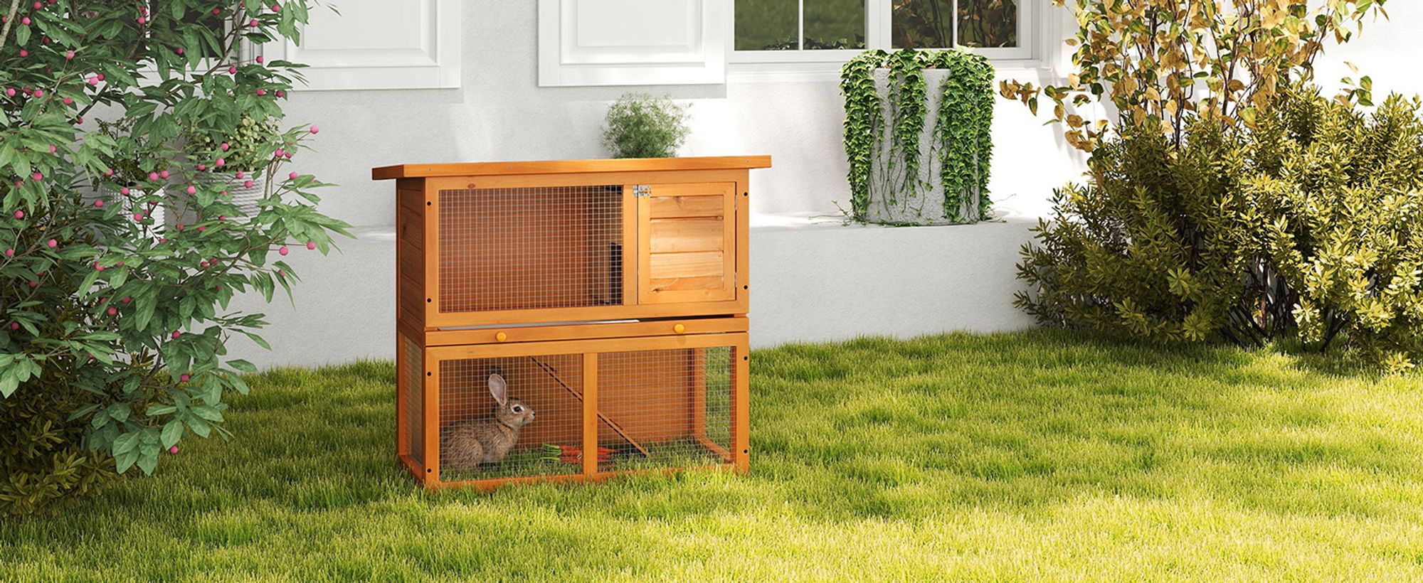 PawHut Kleintierstall Kleintierkäfig Zwergkaninchenstall Rampe Tannenholz Gelb