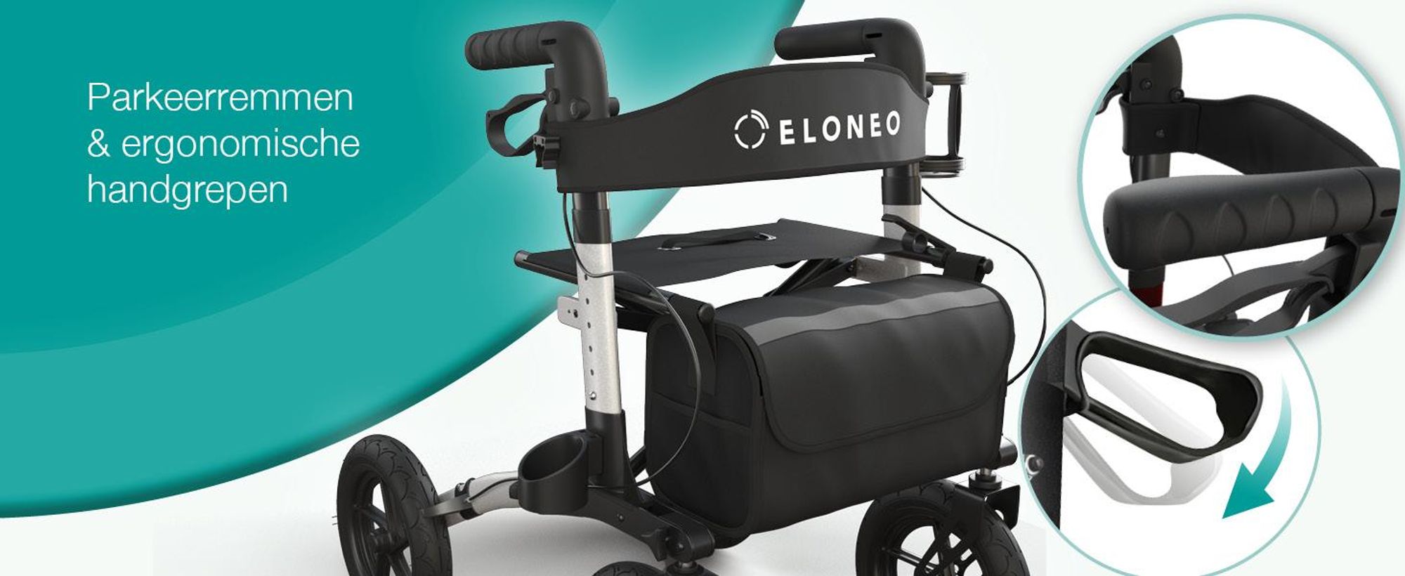 ELONEO inklapbare rollator met zitplaats, outdoor rollator met luchtbanden, inclusief zitvlak, rugsteun en verstelbare loopsteun van aluminium