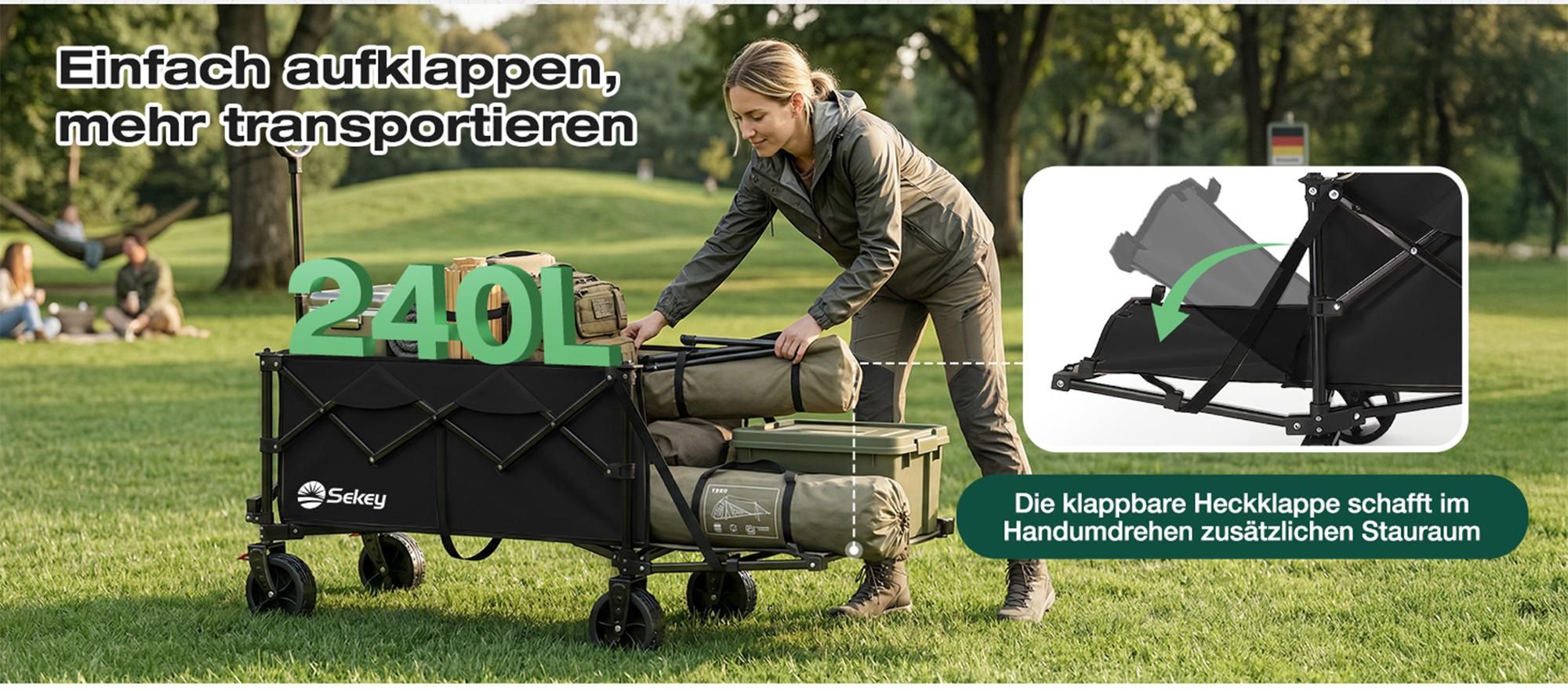 Sekey Klappbar Bollerwagen mit Faltbarer Heckklappe, 160L & 240L 150KG, Schwarz