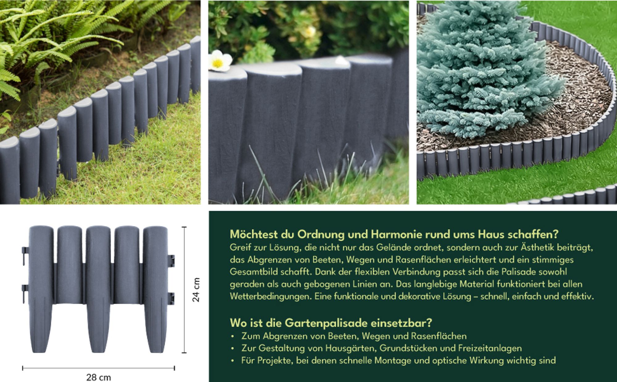 KRUMAD Rasenkante Kunststoff Holzoptik 10 Stück Set 2,8 Meter Höhe 24 cm Beeteinfassung Garten Flexible Beetumrandung Witterungsbeständig Grau