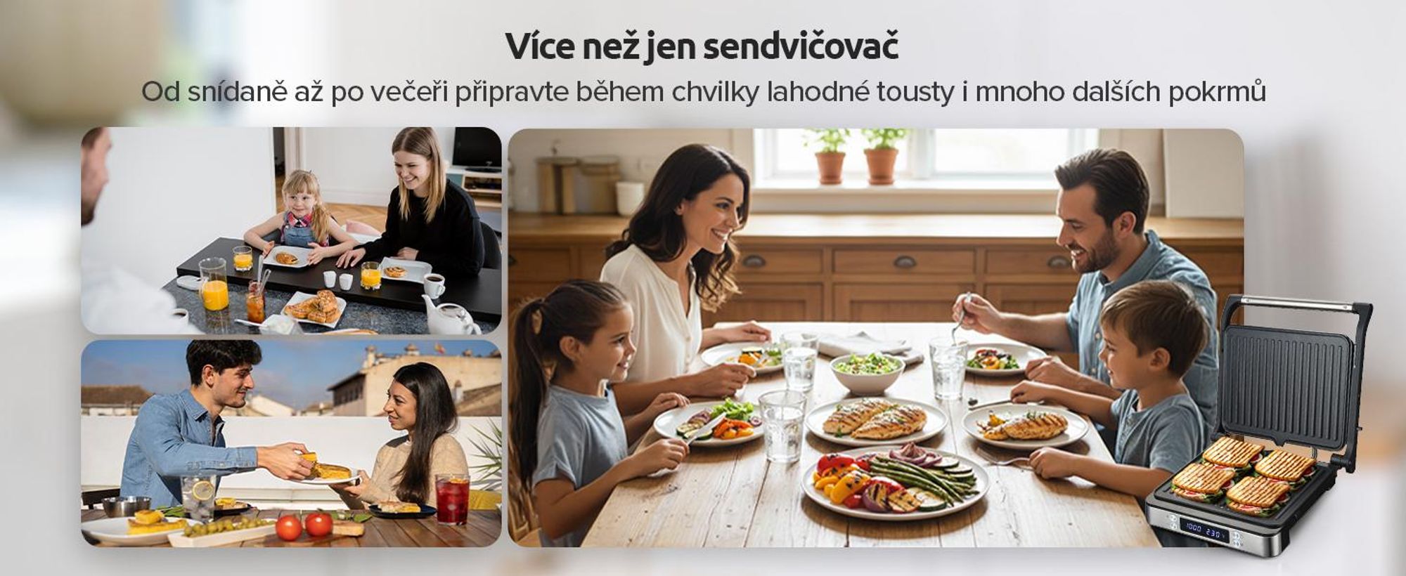 Kontaktní gril Olvy XXL 2000W - sendvičovač pro 4 sendviče, panini maker se 7 programy, stolní gril s displejem, bez PFAS, nastavitelný do 230°