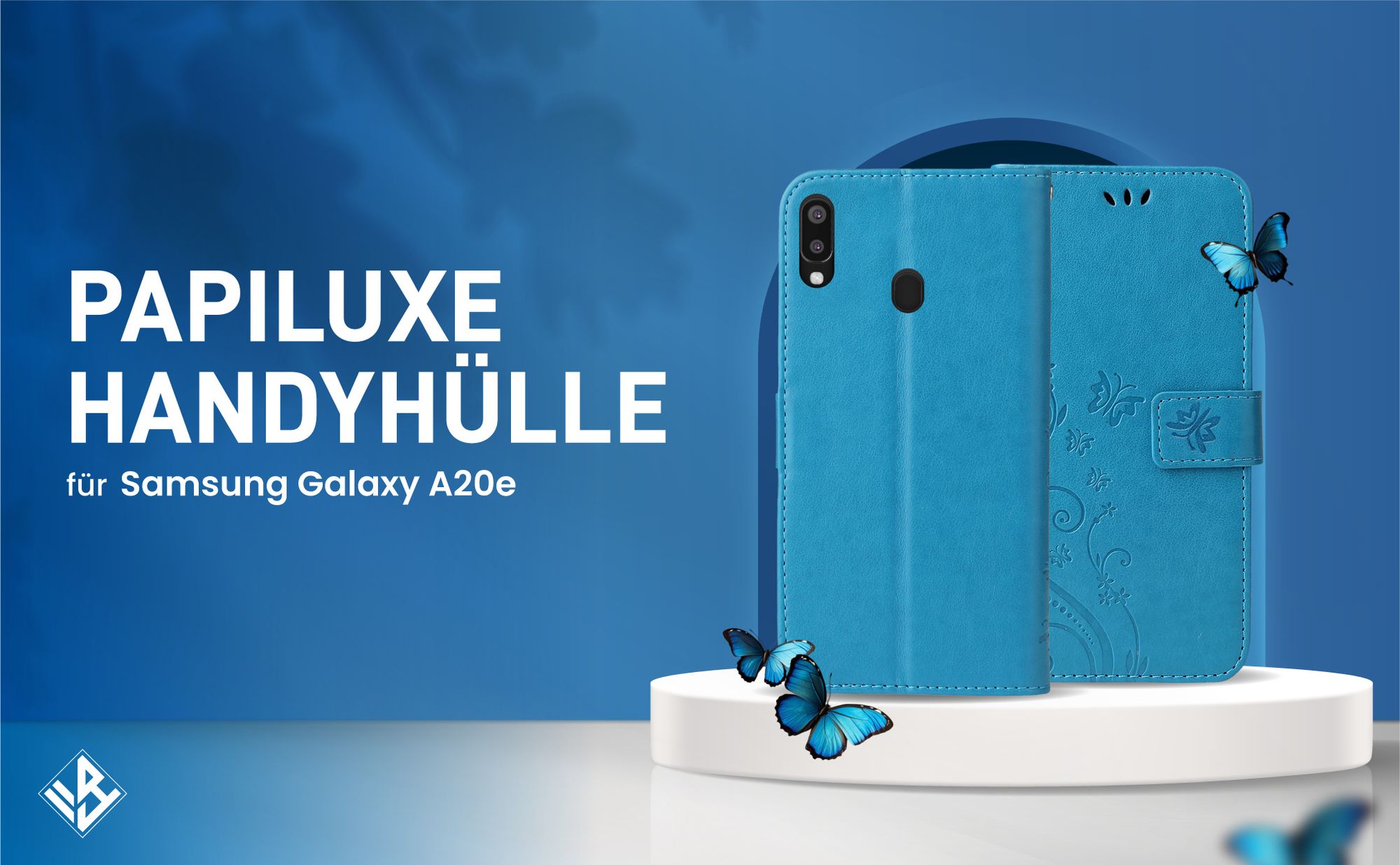 Blaue Klapphülle im Schmetterling Design für Samsung Galaxy A20e mit Wallet-Funktion