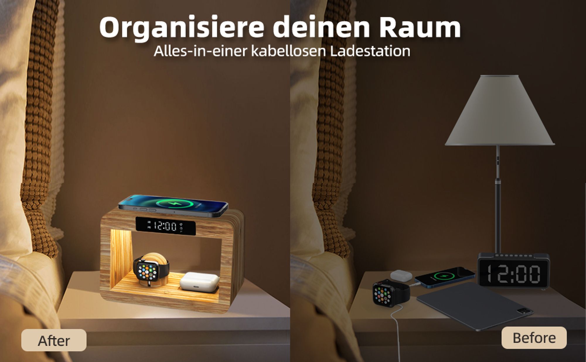 Wireless Ladestation mit Wecker Digital & Nachtlicht,5 in 1 Kabelloses Schnell-Ladegerät mit Adapter und Kabel, für iPhone, AirPods Pro, Apple Watch