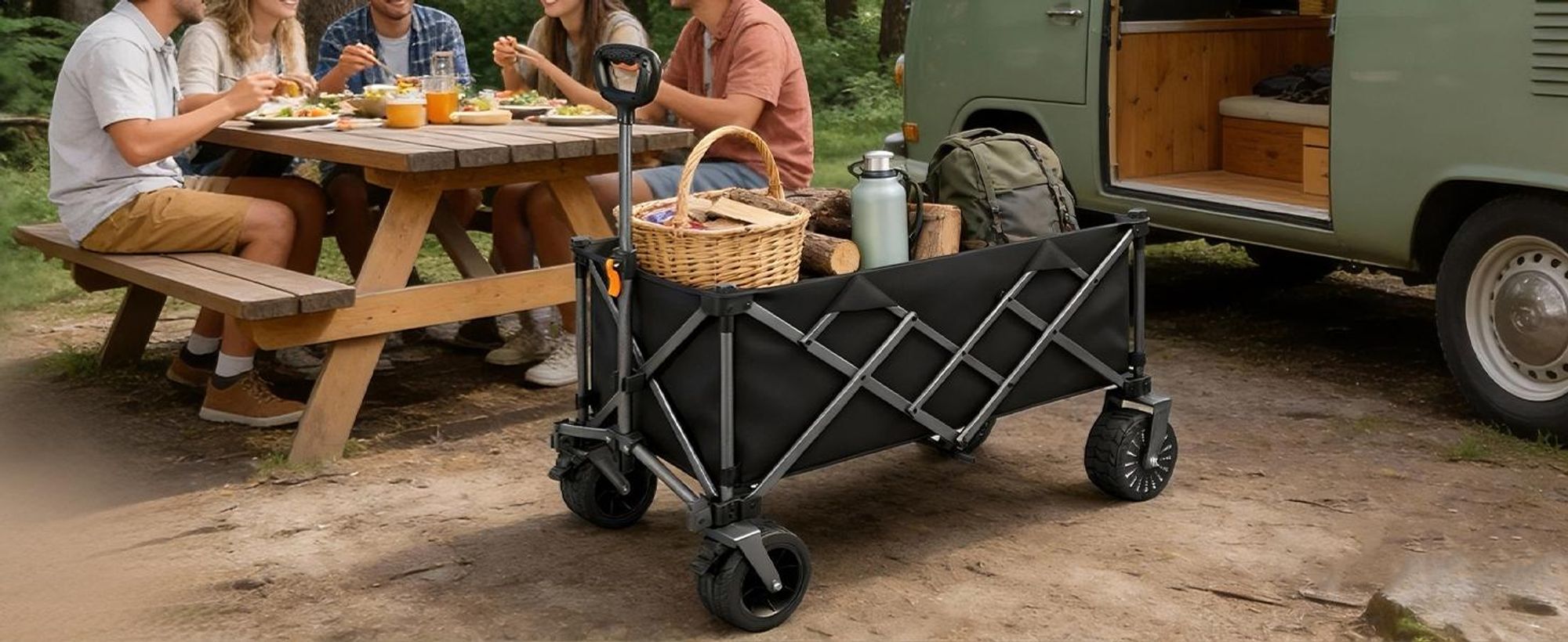 Faltbar Elektrokarre Bollerwagen 280L 120KG mit 50W bürstenlosem Motor Belastbar Gartenwagen mit 4.0AH Akku, 3 Gang, mit Tischplatte, Schwarz