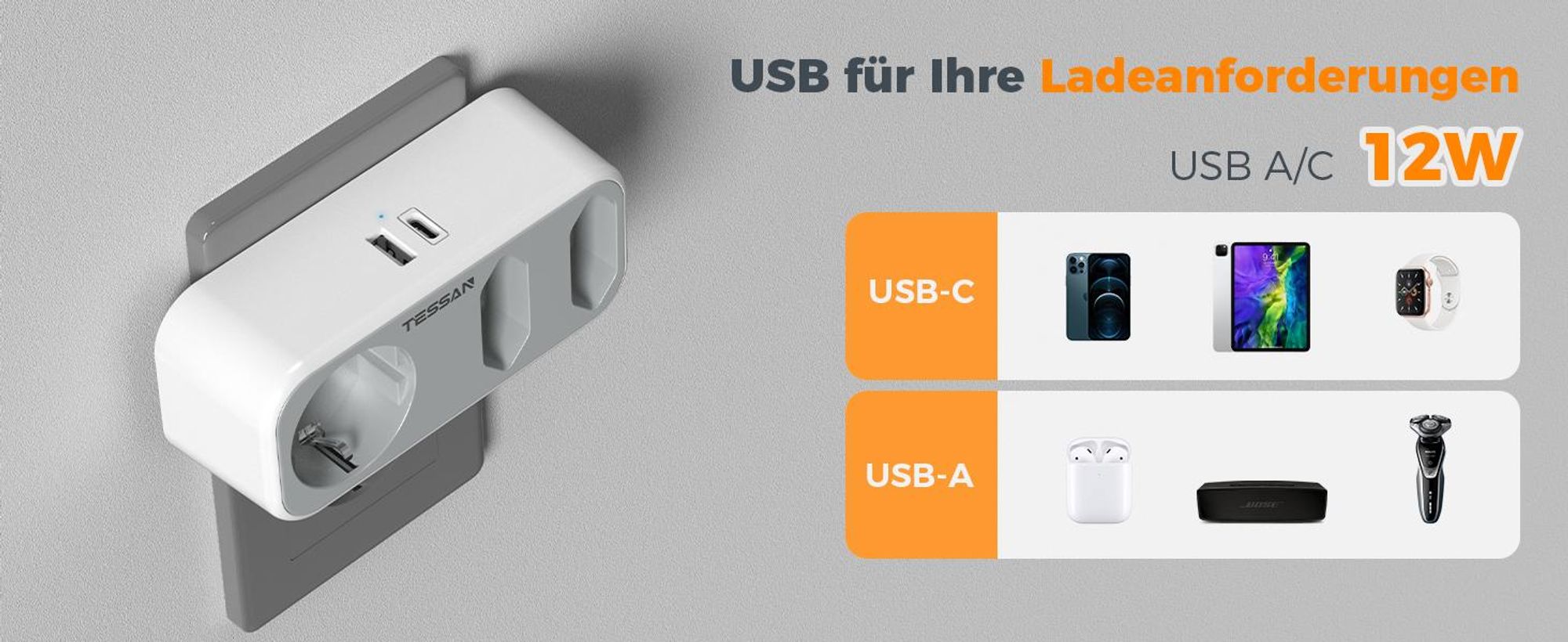 TESSAN Mehrfachstecker 3 Fach Steckdosenadapter mit 1 USB C und 1 USB A 3600W Grau