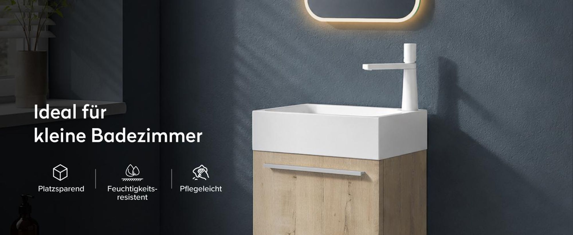 doporro Badmöbel Set Waschtisch mit Unterschrank Waschbecken-Unterschrank für Gäste-WC 46cm in Eiche Greige Design Waschplatz Wandmontage Pisa 02