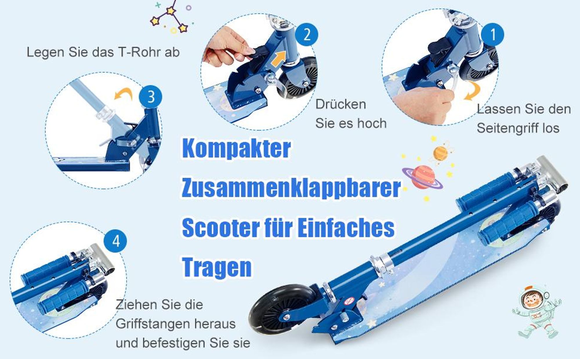 COSTWAY Scooter Kinder Roller, Tretroller mit LED-Räder, Klappbar Lenker, Höhenverstellbar Kinderroller Cityroller Kickscooter für Jungen und Mädchen ab 3 Jahren