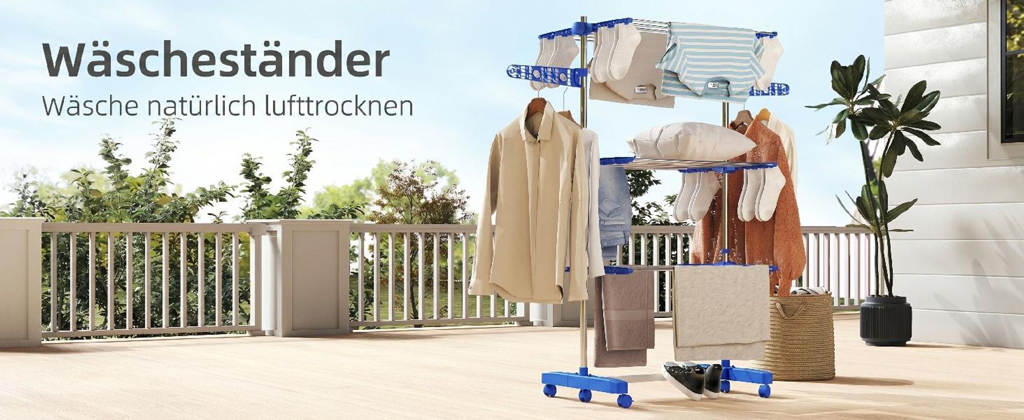 Mobiler Wäscheständer Wäschetrockner-Turm Seitenflügel auf 3/4 Ebenen Blau