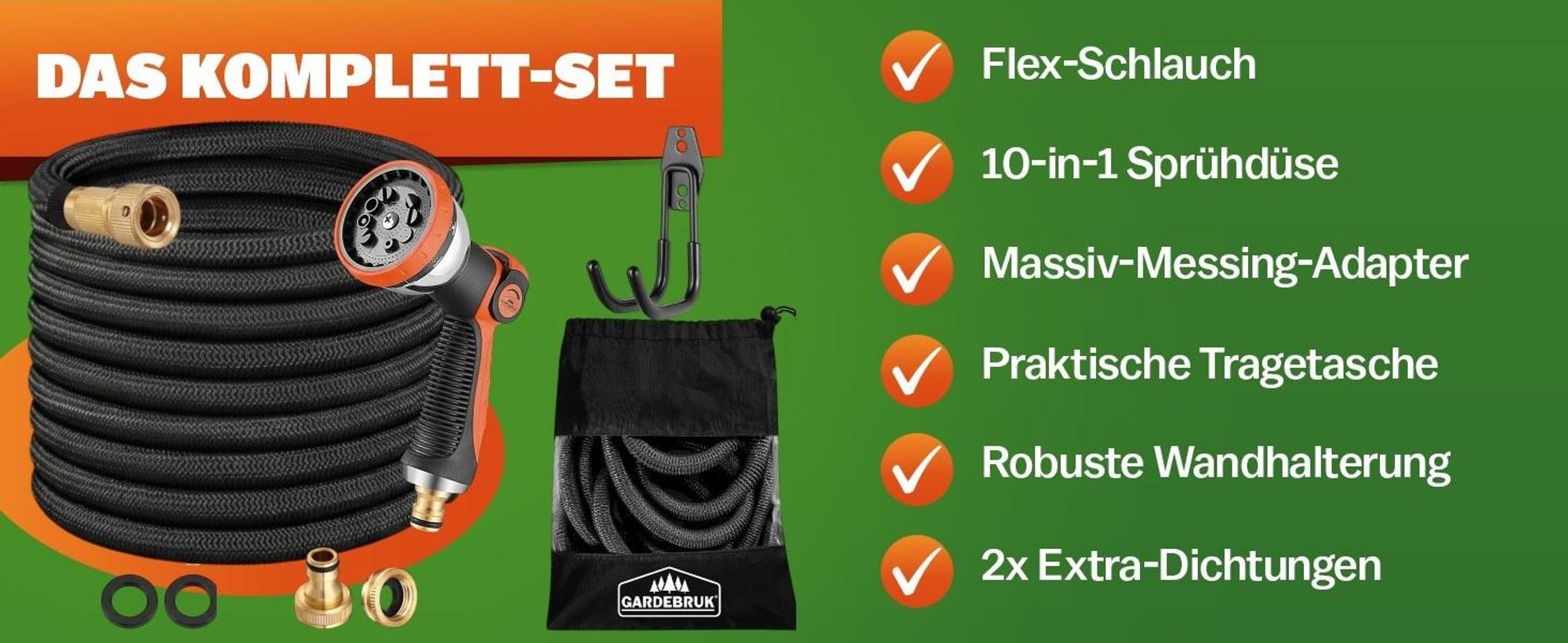 GARDEBRUK® Flexibler Gartenschlauch 22m 3fach Latexkern Vollmessing Adapter 1/2" 3/4" Zoll Wandhalterung Tasche Flexschlauch Wasserschlauch Schwarz