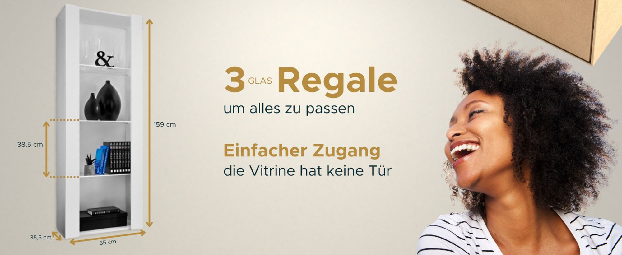 Komodee | Vitrine Schrank Tivoli mit 3 Regalböden, Korpus Weiß Matt Frontfarbe Weiß Matt, ohne LED