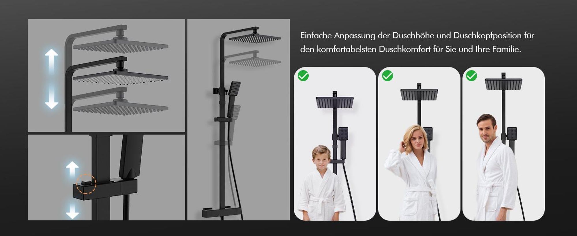 HOMELODY Duschsystem mit Thermostat 38℃ Duscharmatur Schwarz Regendusche Duschset, verstellbare Edelstahl Duschstange Duschset, Messing