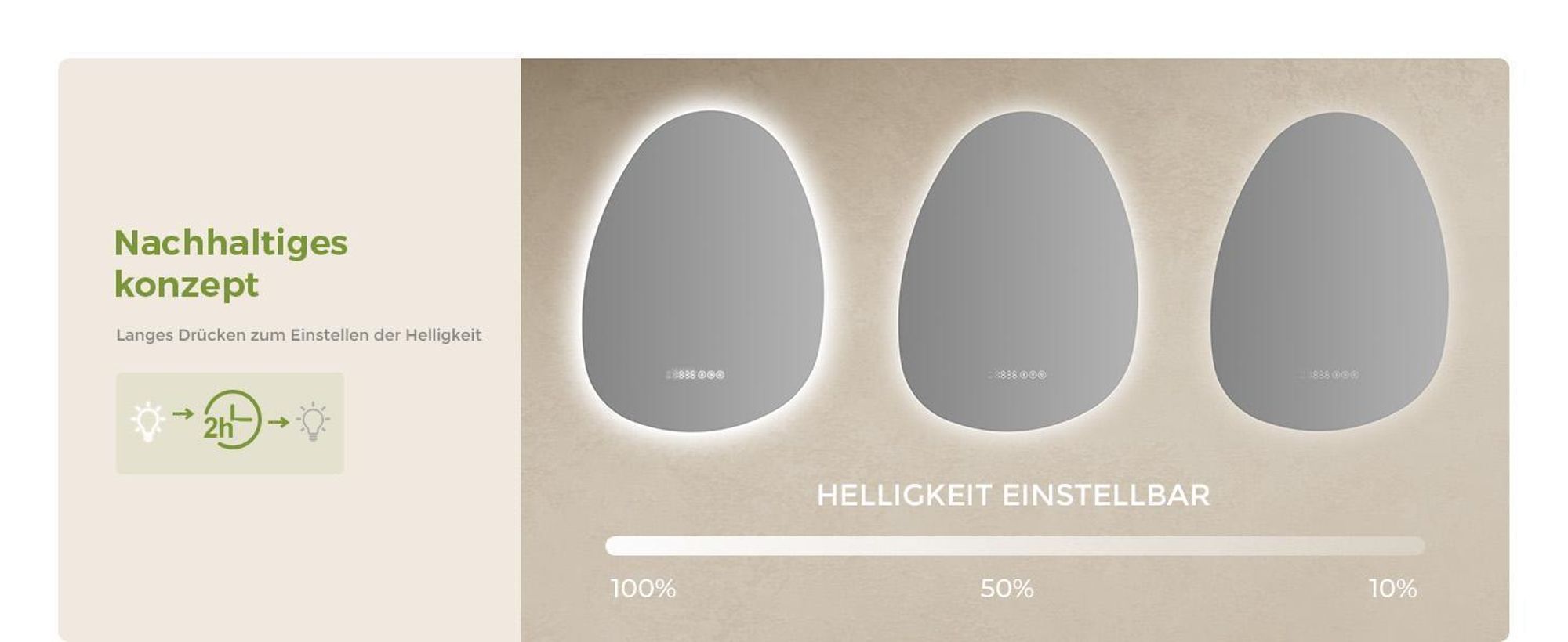 S'AFIELINA Badspiegel mit Beleuchtung Asymmetrisch 60 x 45 cm mit 3 Lichtfarben dimmbar, beschlagfrei, Bluetooth, Uhr, Temperatur, Speicherfunktion
