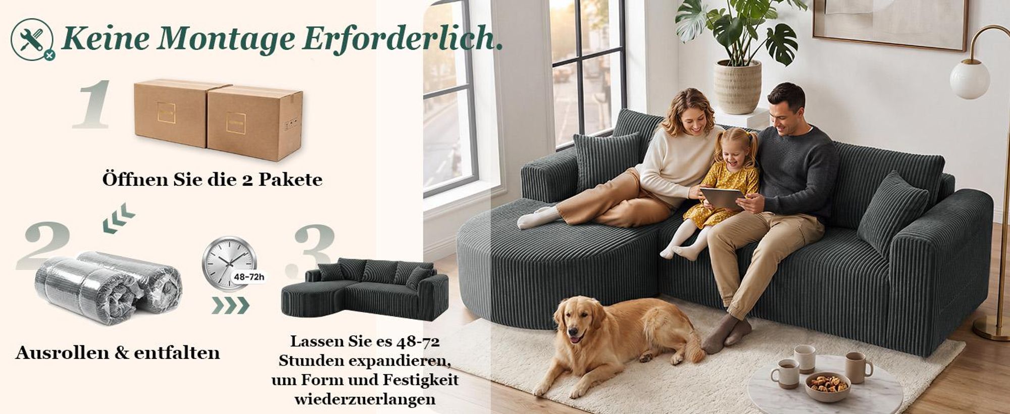 Sofa Ecksofa mit Schlaffunktion, Corduroy Modulares Boneless Couch mit Chaiselongue, L-Form Schlafsofa, Sektionssofas mit Kissen & Seitentaschen 243cm