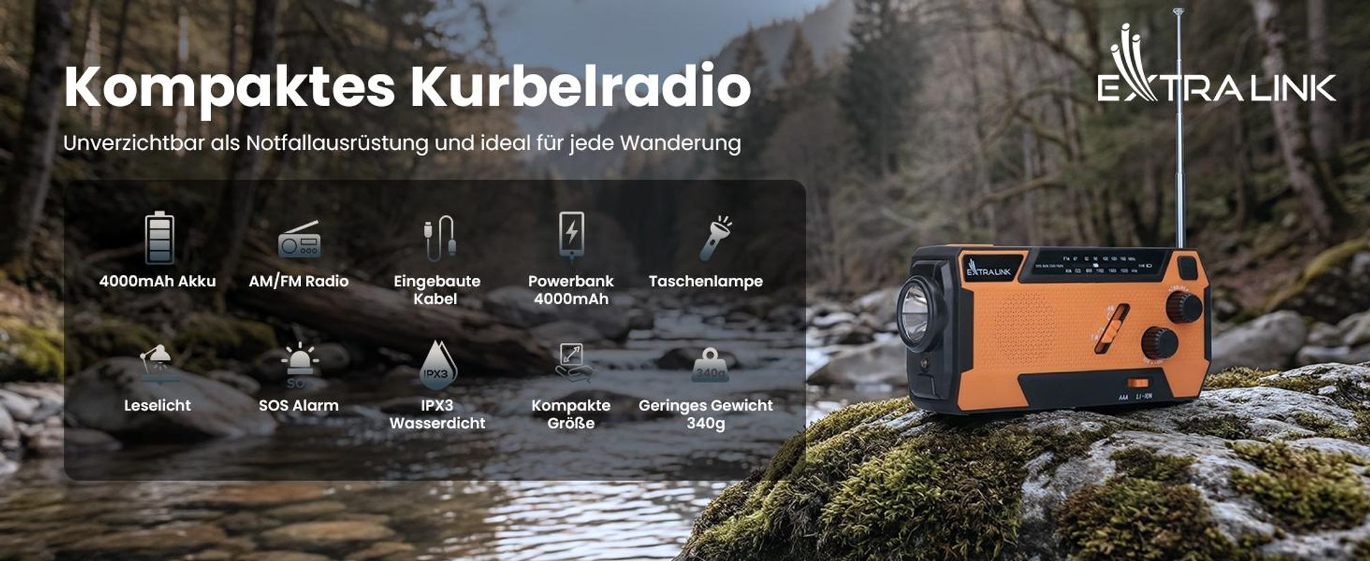 Extralink Notfallradio Solar & Kurbel, 4000mAh, Powerbank, LED