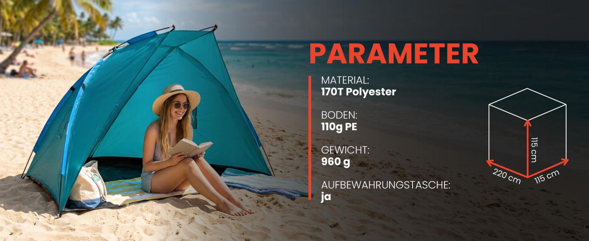 Strandzelt Leichtes Campingzelt Strandmuschel 220x115x115cm Sonnenschutz LAGUNA20 Polyester Grün
