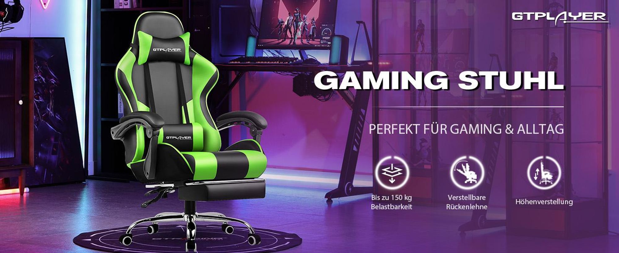 GTPLAYER Gaming Stuhl, Bürostuhl, Ergonomischer Pc Stuhl, Gaming Sessel mit Massagelendenwirbelstütze mit Fußstütze und Kopfstütze, Grün Kunstleder