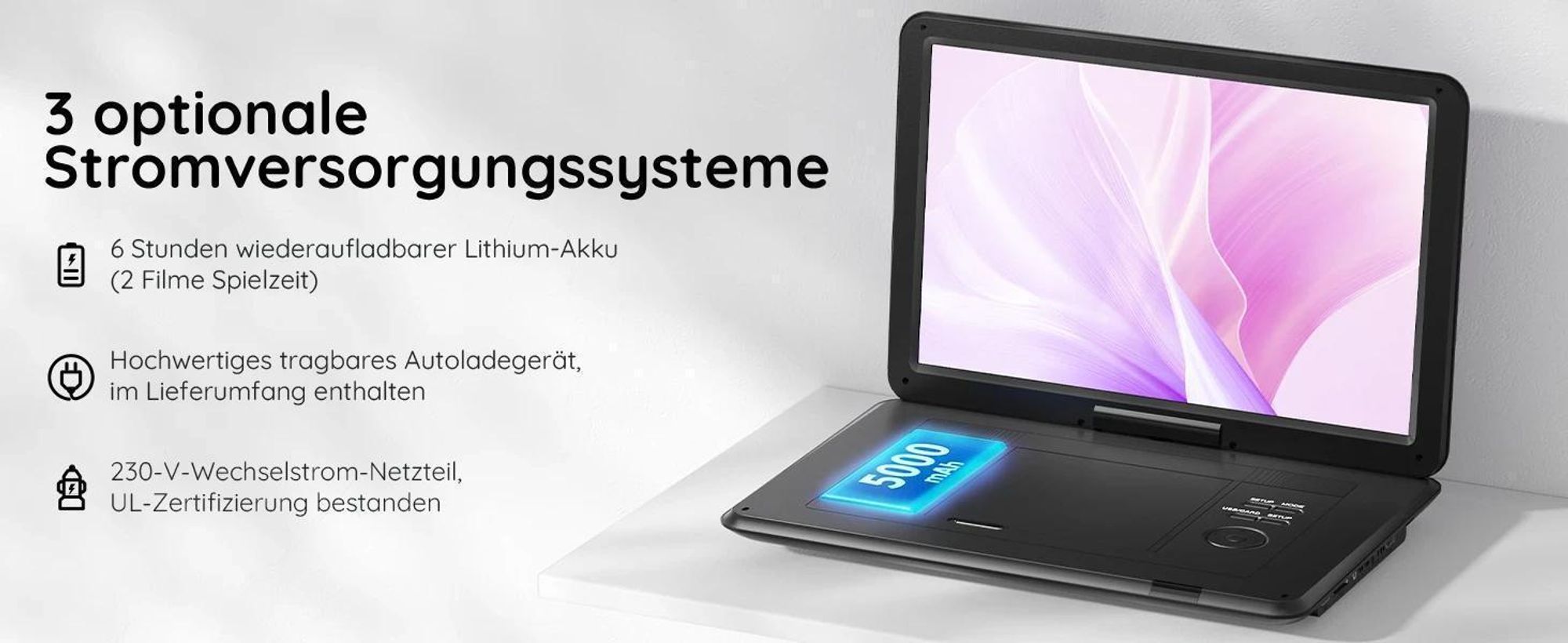BOIFUN 17,5-Zoll Tragbarer DVD-Player mit 15,6-Zoll HD-Drehbildschirm 6h Akkulaufzeit Dualen Stereo-Lautsprechern TF/USB TV/Beamer-Anschluss mit2*32GB