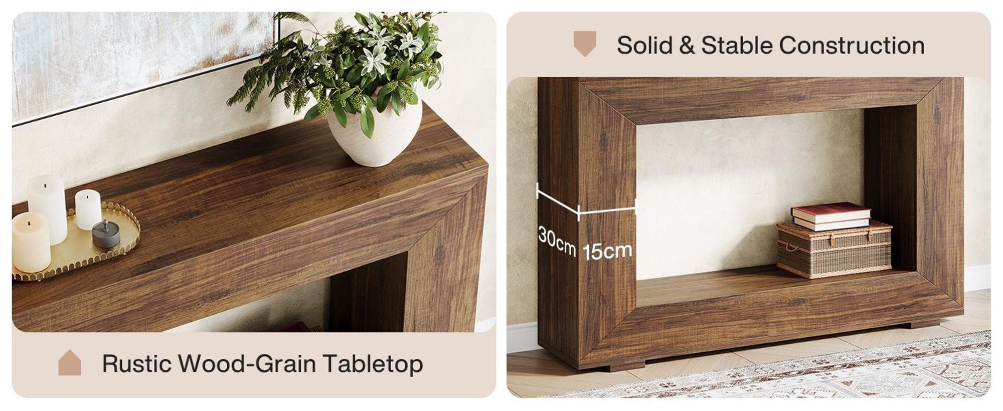 Kleine console tafel, bijzettafel, haltafel, salontafel voor kleine ruimtes, console tafel met opbergruimte voor de hal, gang, woonkamer, bruin