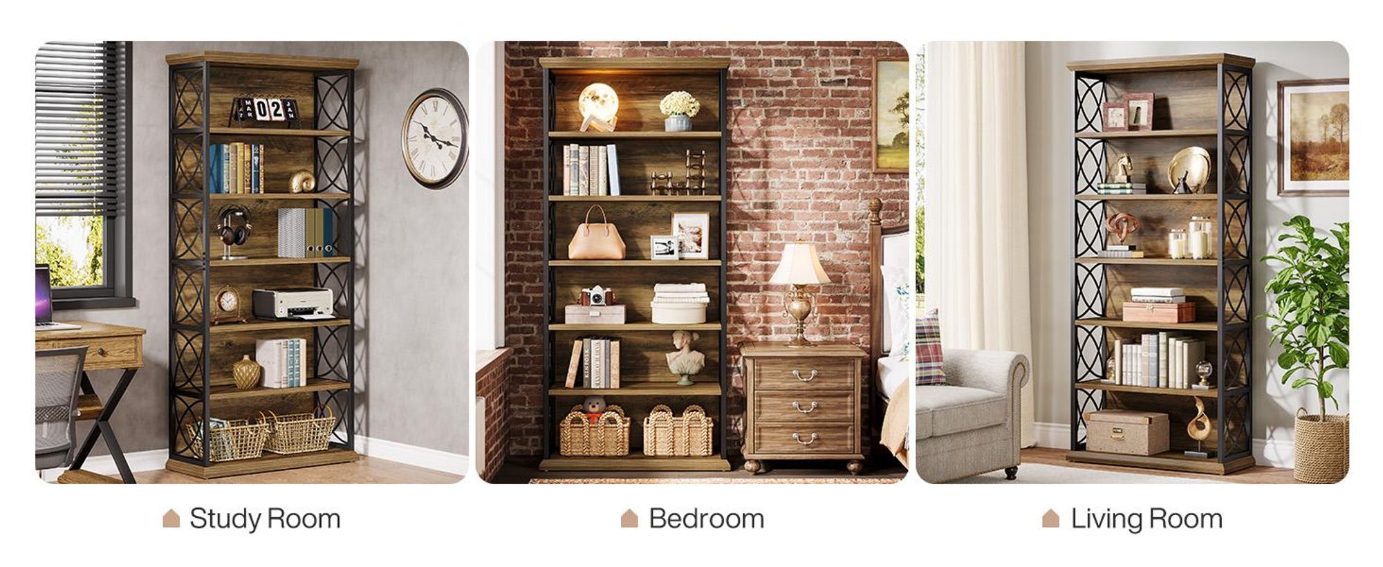 Tribesigns 185 cm hohes Bücherregal, 6-stöckiges Industrie-Etagere-Bücherregal offene Ablagefächern, Ausstellungsregal Holz Metall, Braun & Schwarz