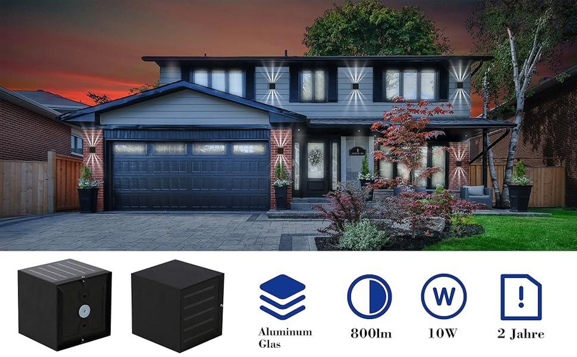 ZMH 2 Stück Wandlampe LED Wandleuchte Innen & Außen - Schwarz Außenlampe IP65 Wasserdicht Außenwandleuchte 3000K Kaltweiß Up Down 10W Wandbeleuchtung für Treppenhaus Flur Balkon Badezimmer
