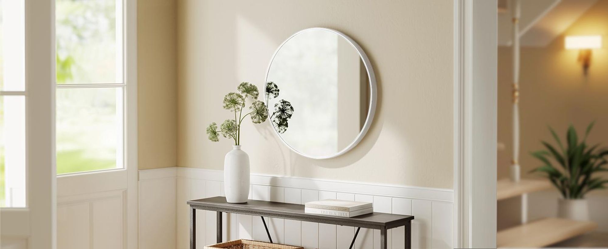 SONGMICS Runder Wandspiegel mit Aluminiumrahmen und HD Glas, 41 x 41 x 1,8 cm, Weiß