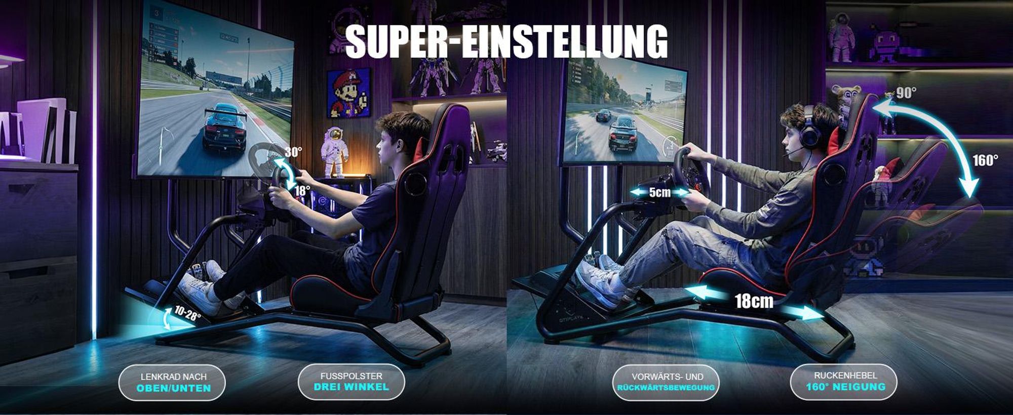GTPLAYER Simulator Cockpit,Rennsimulator lenkradständer mit 3D-Stereo-Lautsprechern, Monitorhalterung, verstellbarer Lenkradhalterung, Schalthebelhalt