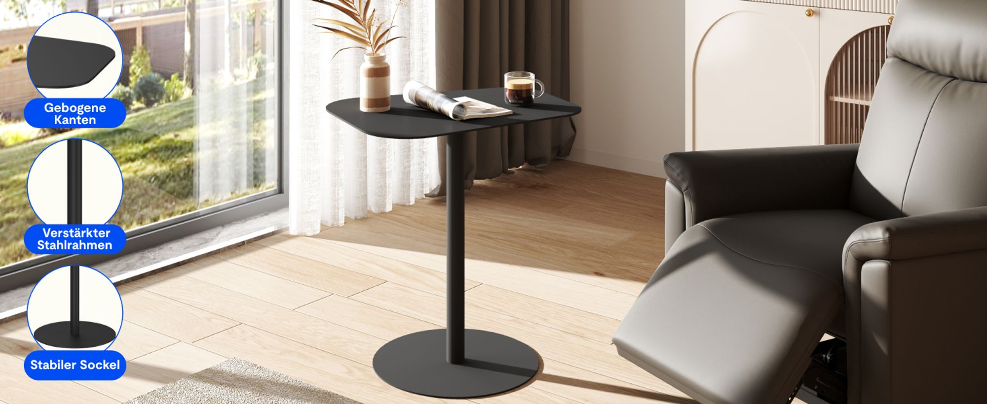 FLEXISPOT Beistelltisch für Sofa, Schlafzimmer, Wohnzimmer, Büro, Beistelltisch, Nachttisch, Couchtisch für kleine Räume, Stahl, 50x38x65cm, Schwarz
