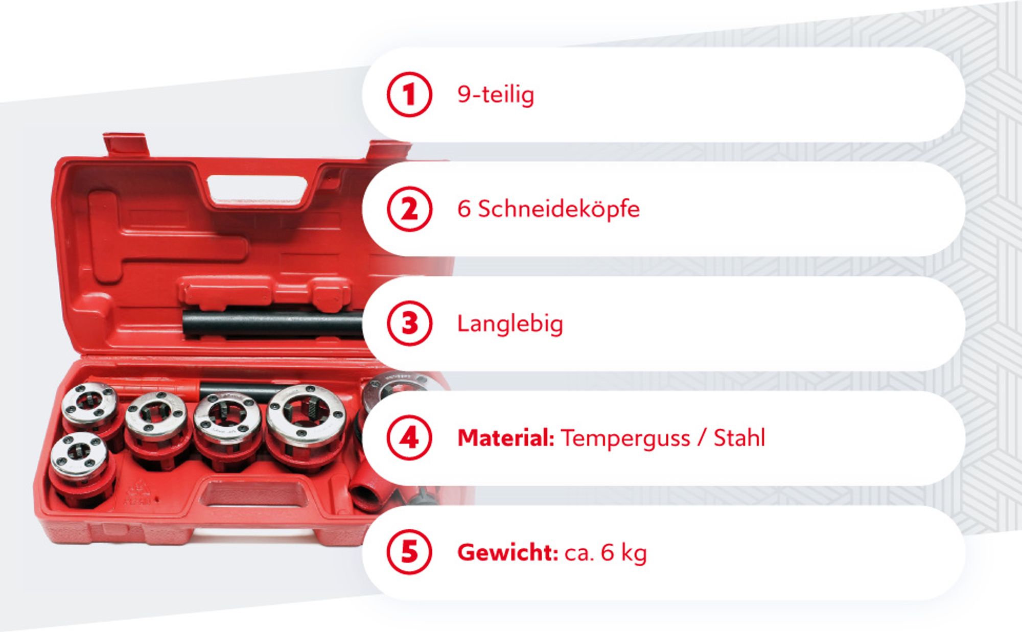 Wiltec Schneidkluppe 9-tlg. Set aus Stahl, Gewindeschneider mit 6 Schneidköpfen, Schneideisen mit Ratschenverlängerung, Rohrschneider mit Koffer