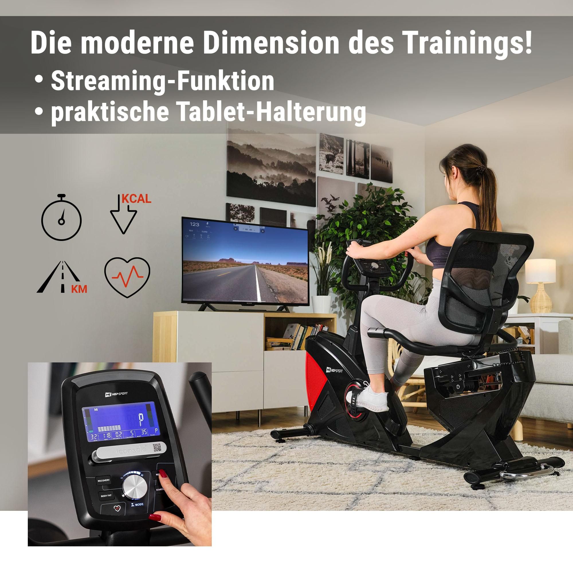 HOP SPORT® Liegeergometer für Zuhause mit 16 verstellbaren Widerstandsstufen, Leise Liegerad Heimtrainer mit Smart Bluetooth APP, Großer Bequemer Sitz