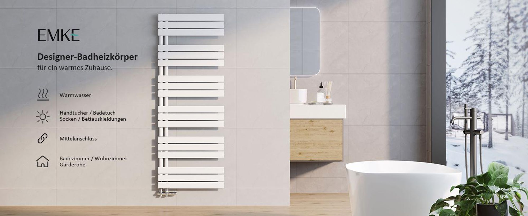 EMKE Badheizkörper Paneelheizkörper Seitenanschluss Wandmontage Warmwasser Handtuchtrockner Handtuchwärmer 1041 x 400 mm Weiß ohne Heizstab