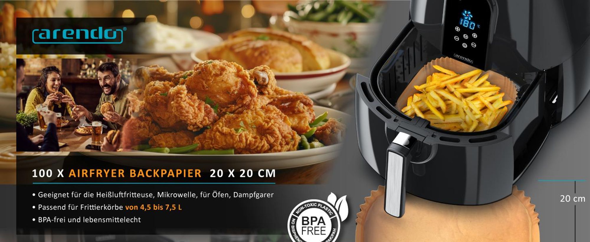 Arendo Backpapier für Heißluftfritteuse, quadratisch, 4,7 - 7,5 L, 20 x 20 x 4,5 cm, antihaft, ungebleicht, für Ninja Airfryer AF300EU & AF400EU, 100 Stück