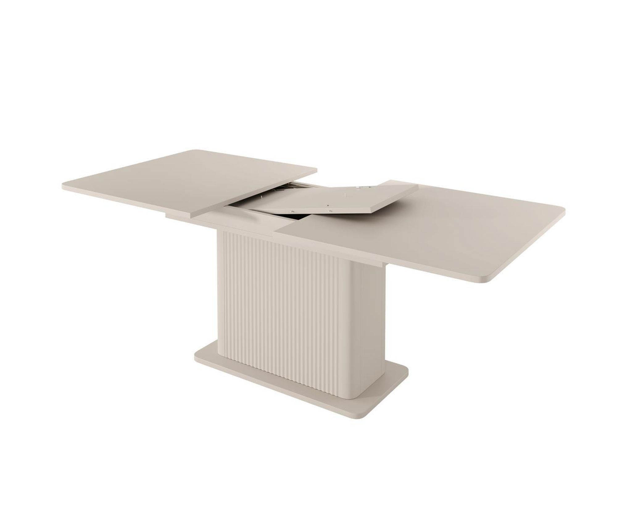 BETTSO Ausziehbarer Esstisch LANTE Beige geriffelt, Säulentisch 160 bis 200 cm, Skandinavischer Küchentisch für 6-8 Personen, Design Holztisch