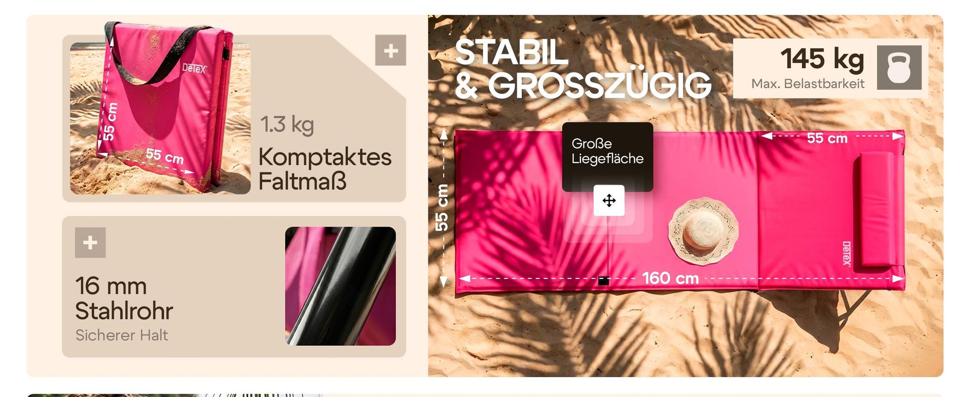 DETEX® Strandmatte mit Rückenlehne, gepolstert, faltbar, 2er-Set, Türkis