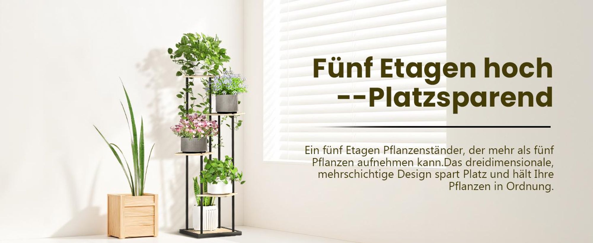 Ribelli Pflanzentreppe 5 Etagen Pflanzenständer, Blumenständer 106cm Höhe Blumenregal aus Holz und Metall, Deko für Balkon Garten Wohnzimmer, Holz