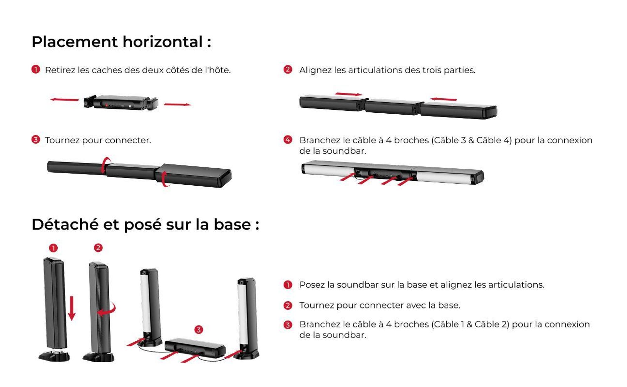 Barre de son amovible ULTIMEA 7.1ch avec lumière RGB, Virtual Surround Sound System avec subwoofer, 2 haut-parleurs surround, 410W
