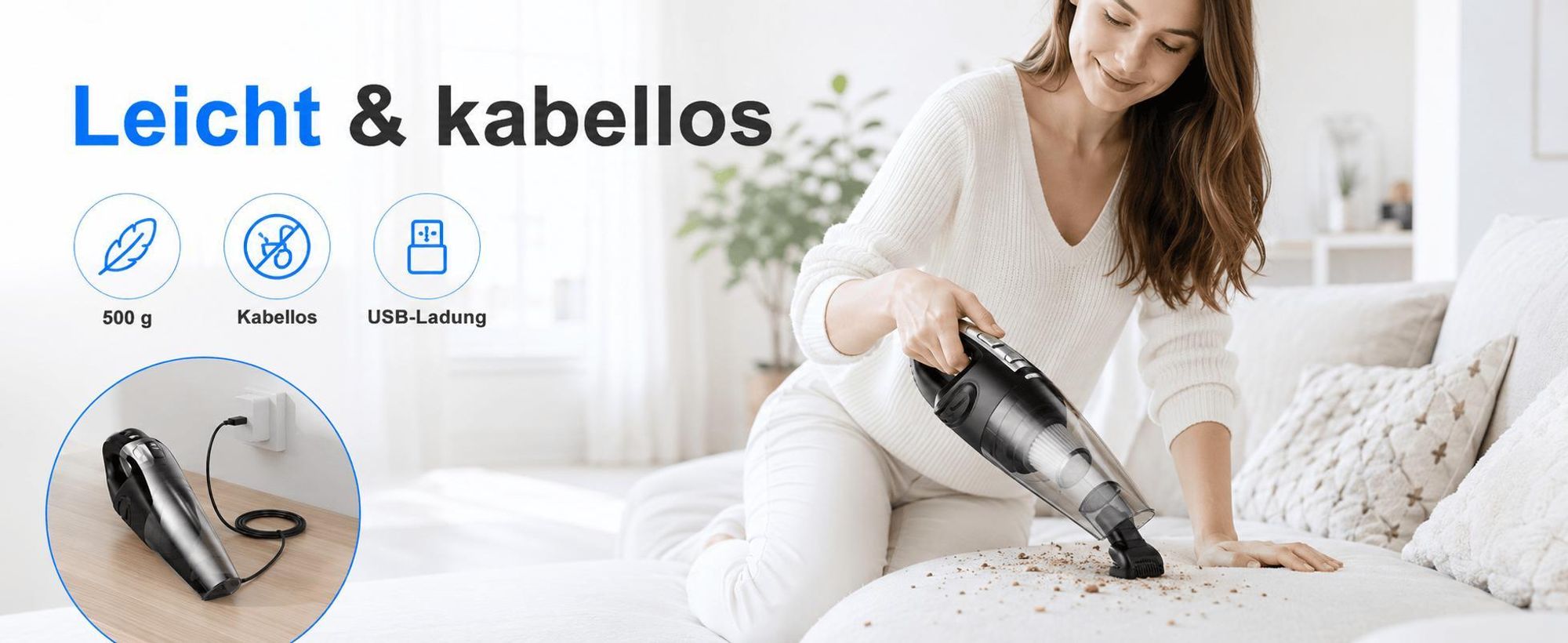 Handstaubsauger Akku 120W, Mini Staubsauger Kabellos für Auto Haushalt, Nass Trockensauger, Waschbarer HEPA Filter, USB Ladegerät, Zubehör