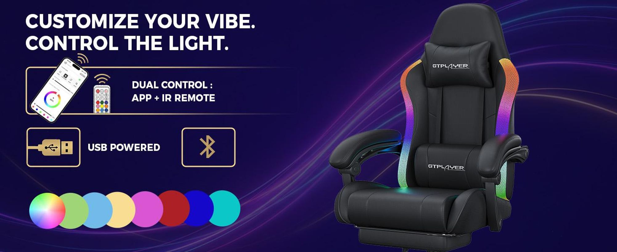 Herná stolička GTPLAYER, kancelárska stolička, herná stolička s LED pásikom a masážnou funkciou, ergonomická PC stolička s diaľkovým ovládaním, čierna