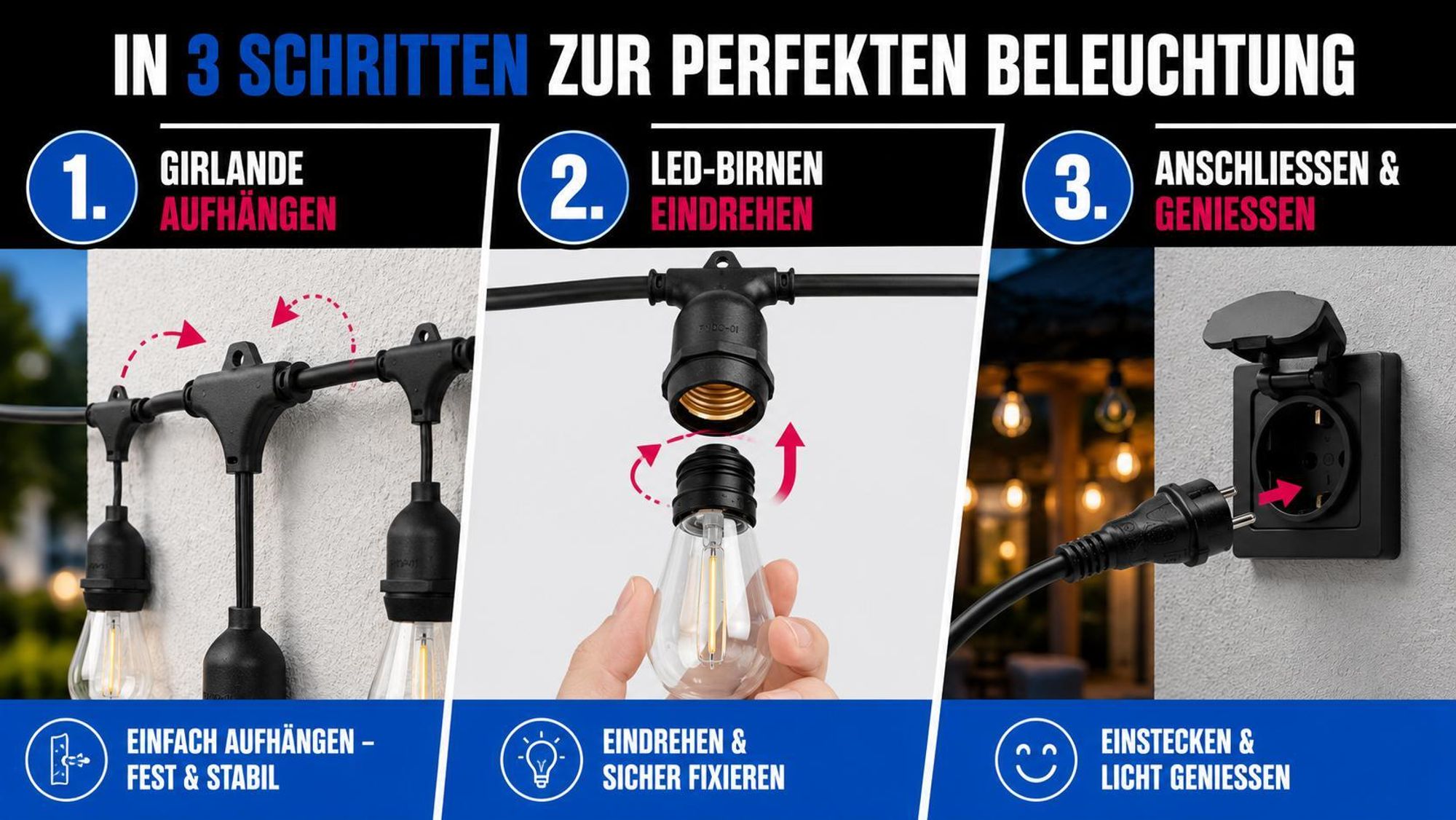 XUDO Outdoor Lichterketten 10m – 2700K Warmweiß – 10 Glühbirnen E27 – Hängelampen – Außenbeleuchtung für Terrasse – Garten – Balkon – Party