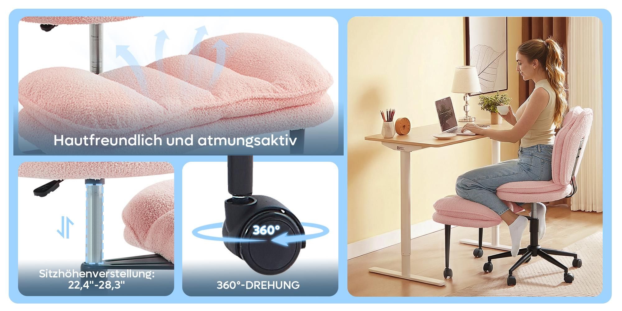Bürostuhl Ergonomisch, Meditationsstuhl ergonomisch mit Rädern & Lordosenstütze, ADHS-Stuhl, Schreibtischstuhl Computerstuhl Chefsessel, Rosa