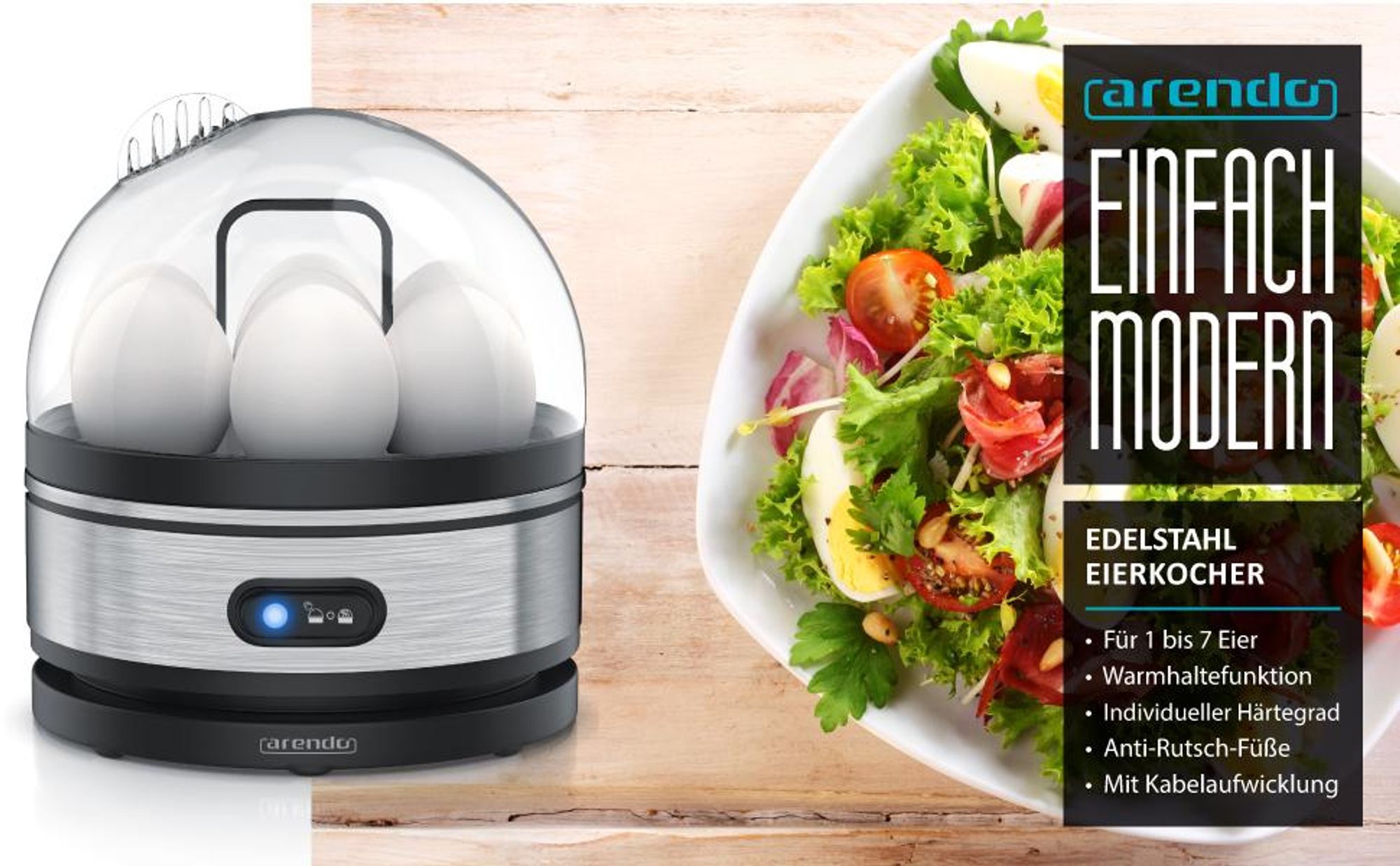 Arendo Eierkocher für 7 Eier, Egg Cooker mit Warmhaltefunktion, 3 Härtegrade über die Wassermenge, 400 W, Signalton, Kocheinsatz mit Tragegriff, Kabelaufwicklung, silberfarben