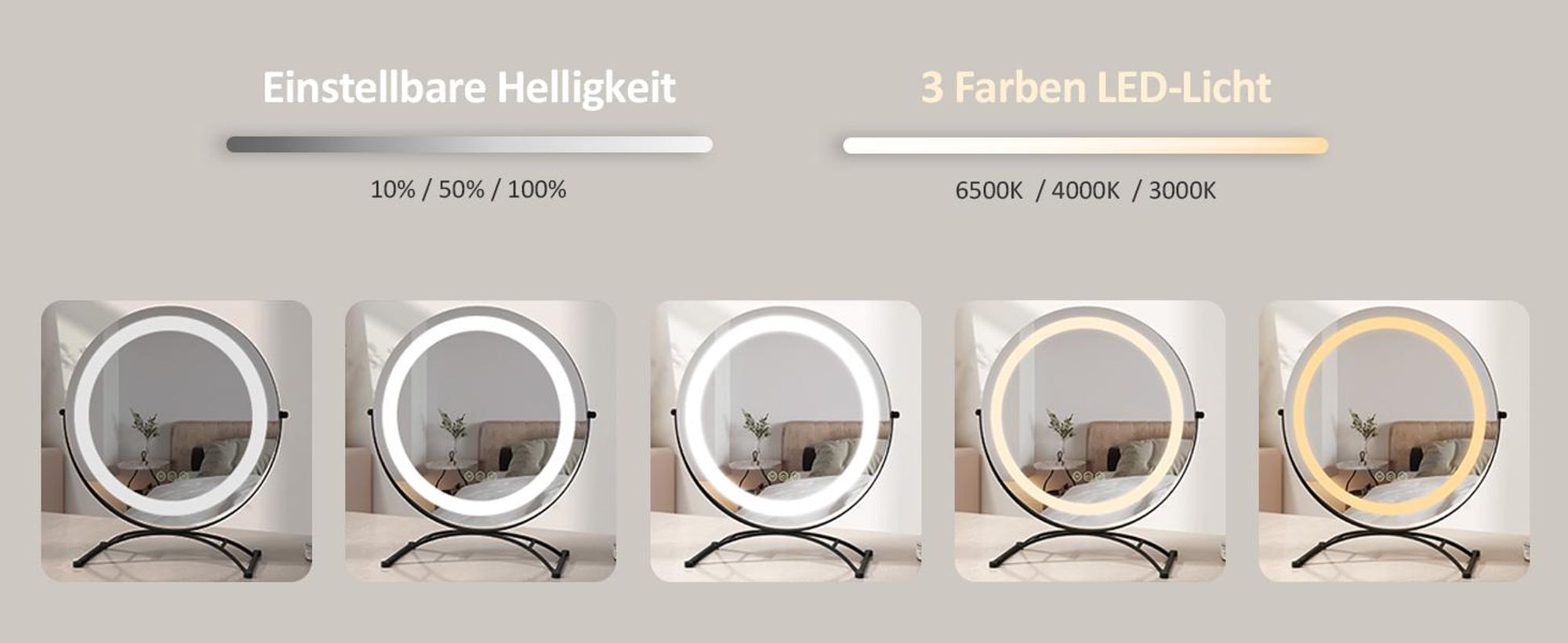 EMKE Schminkspiegel mit Beleuchtung, Hollywood Spiegel mit 3 Lichtfarben, Smart-Touch-Steuerung Schminktisch Spiegel mit Licht 360° drehbar, Einstellbare Helligkeit und Memory-Funktion (Φ400mm, Schwarz)