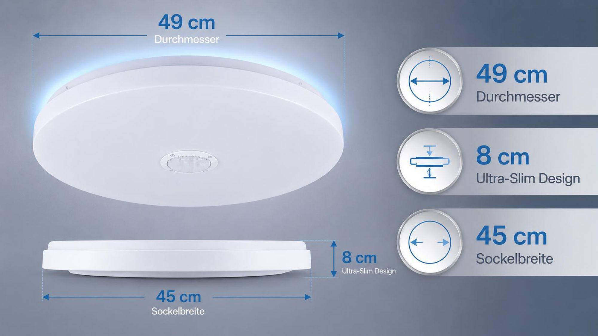 MasterLED Deckenlampe Ø50cm Aufputz 72W RGB Dimmbar, CCT 3000K-6500K, Musik Speaker für Wohnzimmer