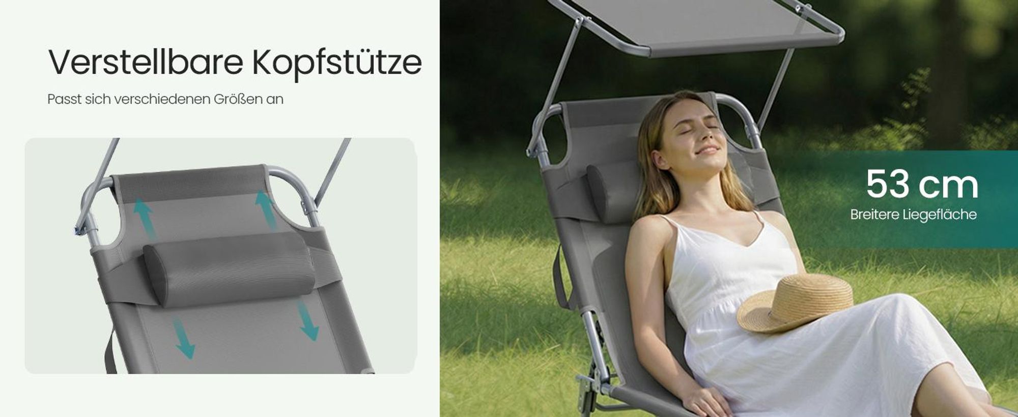 SONGMICS Sonnenliege klappbar, 2er Set, mit Kopfstütze, belastbar bis 110 kg, verstellbare Sonnenblende, grau
