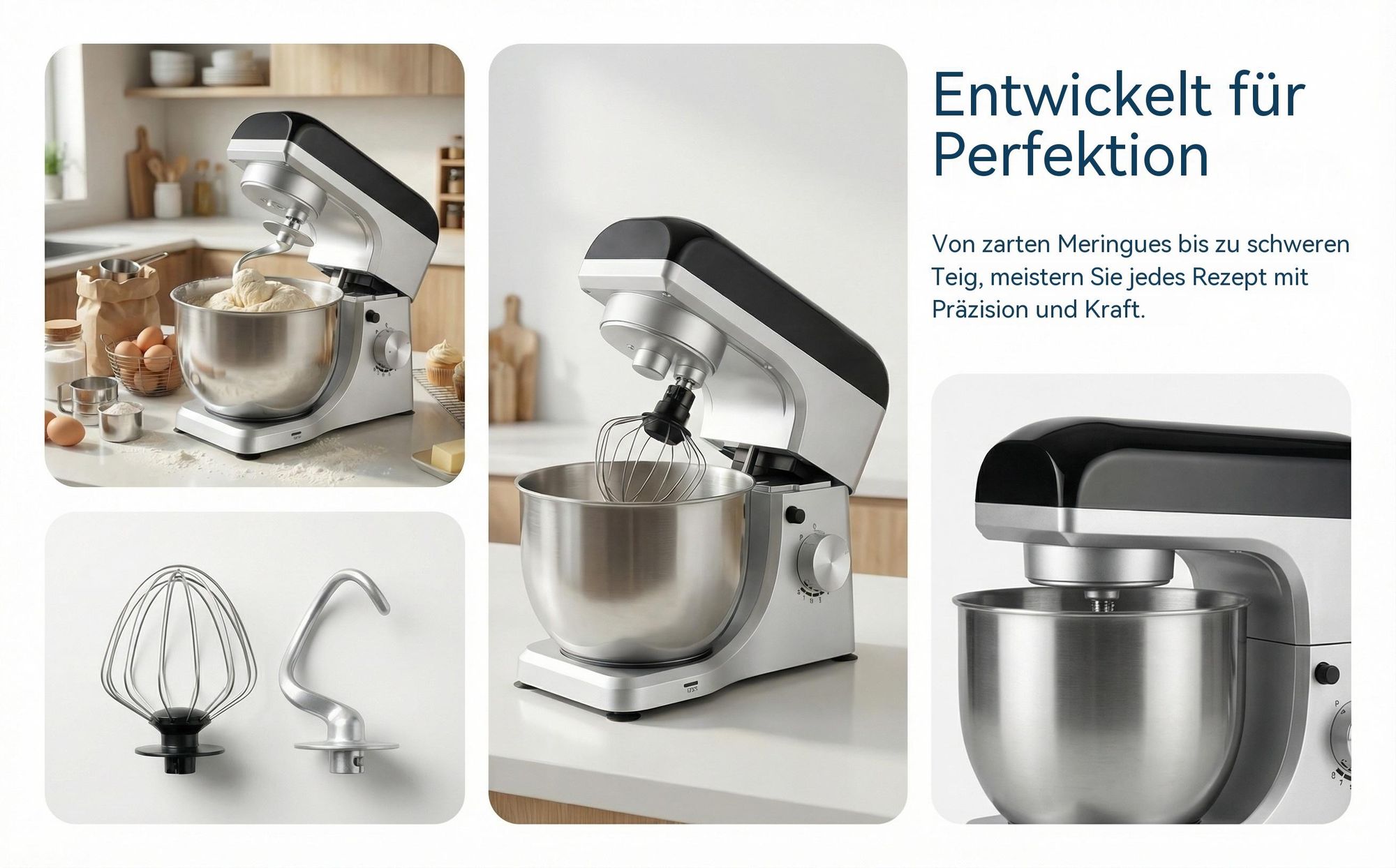 Küchenmaschine mit 6L Edelstahl-Rührschüssel inkl. Rührhaken, Knethaken, Schneebesen und Spritzschutz, 8 Geschwindigkeiten