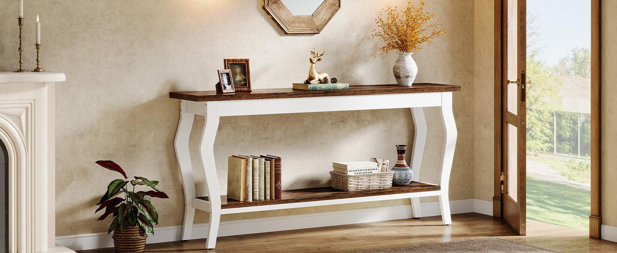 Tribesigns 180 cm langer Sofatisch, Vintage-Konsolentisch mit 2 Ablageflächen für Flur, Eingangsbereich und Wohnzimmer, Weiß & Braun