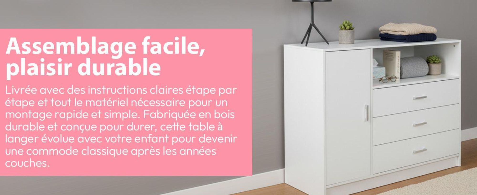 Commode à Langer pour bébé en Bois avec Plan à Langer, 3 tiroirs, 1 Porte, Hauteur 100 cm, Coloris Blanc, Dimensions 113x100 cm