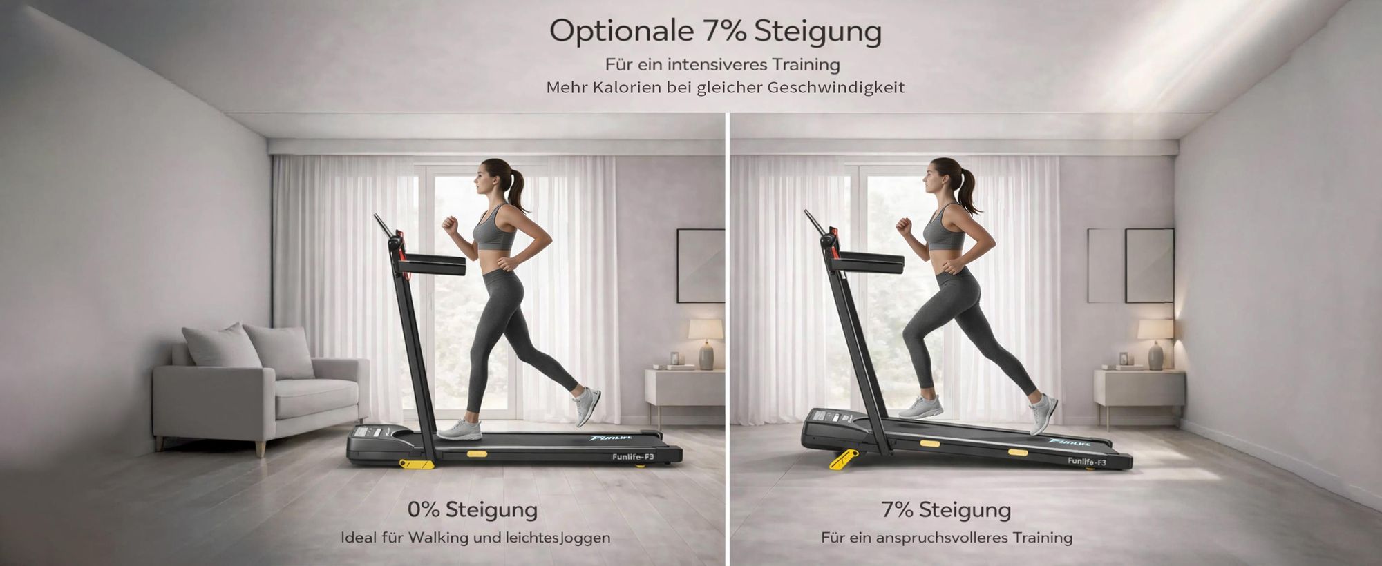 Bieżnia FunLife F3, składana, cicha, typu "walking pad", prędkość 1-10 km/h, silnik bezszczotkowy, nachylenie do 7%, linka bezpieczeństwa i system podwójnych uchwytów, maksymalne obciążenie 120 kg