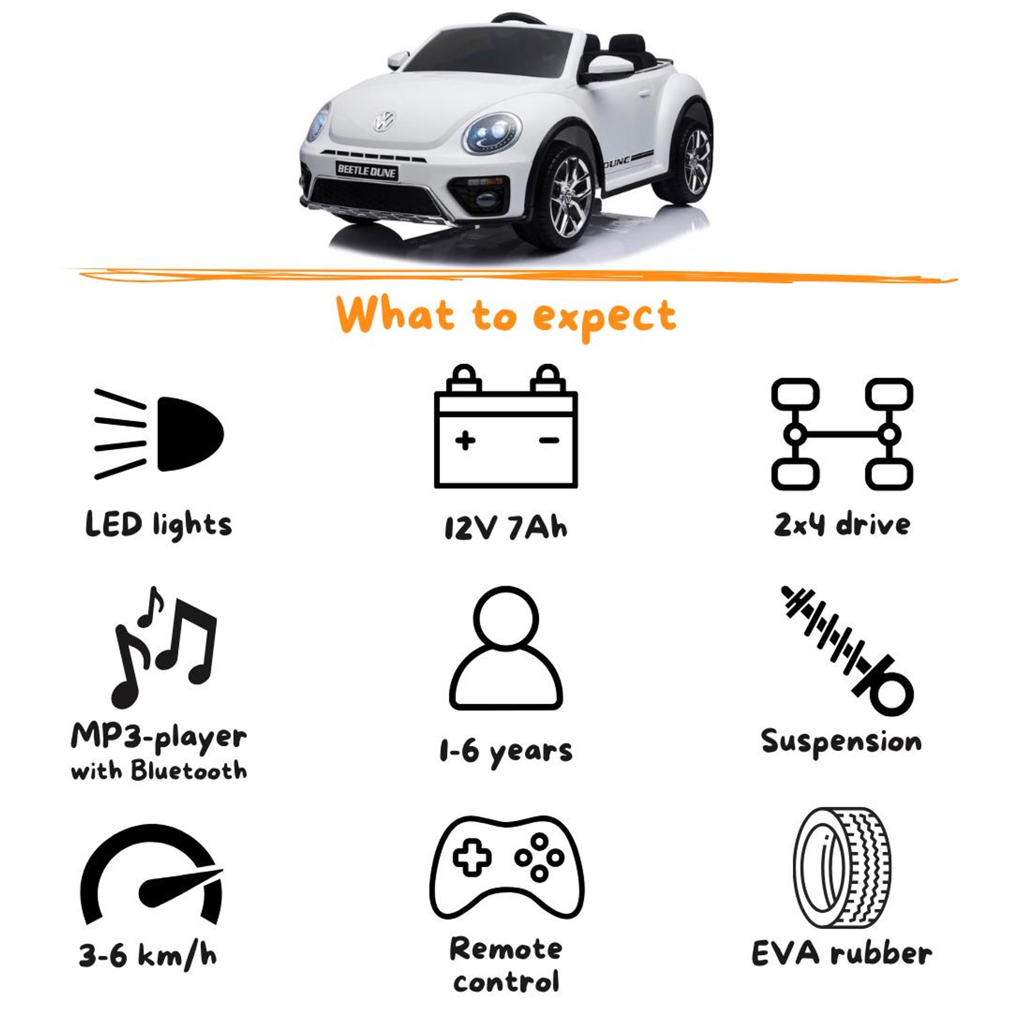 Volkswagen Beetle XL Kinder Elektroauto 12V (1–6 Jahre) – Offiziell Lizenziert, mit Fernbedienung, EVA-Reifen & Ledersitz – Kinder Elektrofahrzeug – Weiß