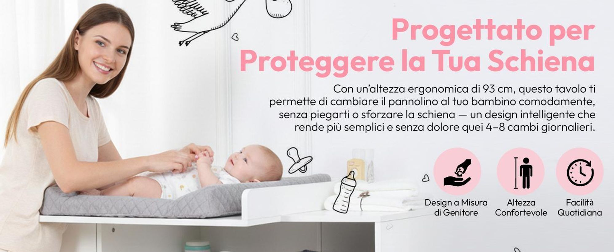 Cassettiera a fasciatoio, in legno, con piano a fasciatoio, 3 cassetti, 1 porta, altezza 100 cm, colore bianco, dimensioni 113 x 100 cm