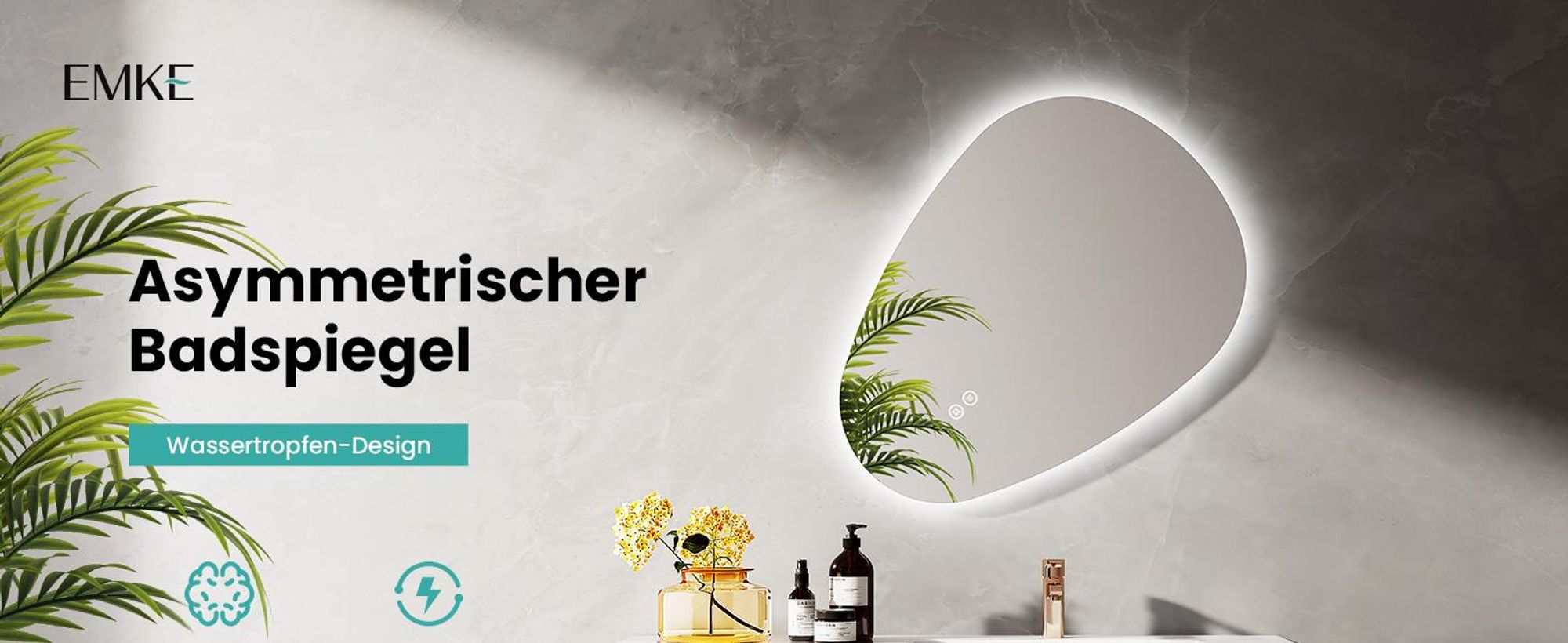 EMKE Badspiegel mit Beleuchtung 60 x 45 cm Asymmetrischer Badezimmerspiegel, Badspiegel mit 3 Lichtfarben Dimmbar, Beschlagfrei, Touch-Schalter